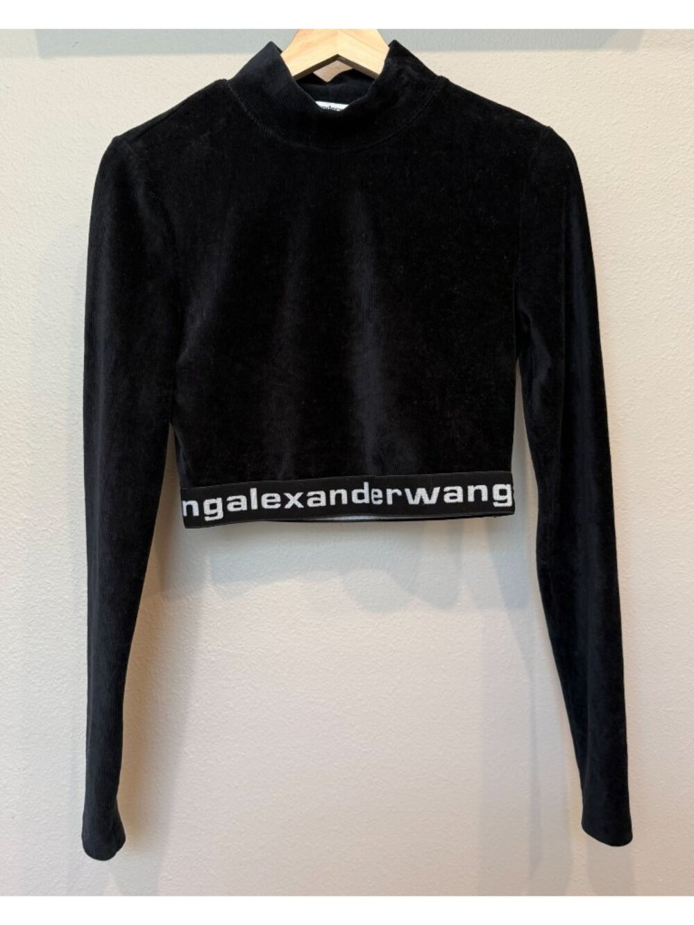 Alexander Wang T Stretch Corduroy Mock Neck Cropped Black Top Small Long Sleeves